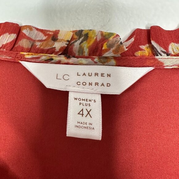 LC Lauren Conrad Flutter Sleeve Blouse 4X Orange Floral Chiffon Tunic - Picture 4 of 10